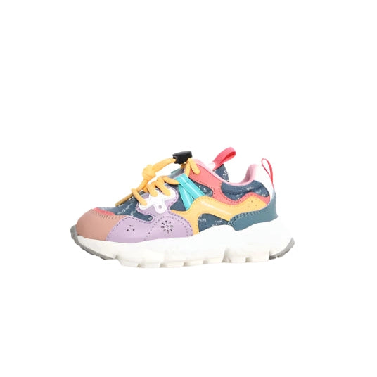 Naturino Yamano 3 Junior sneaker ice-jeans-grey with pink/purple/yellow panels and a white chunky sole, laces tied