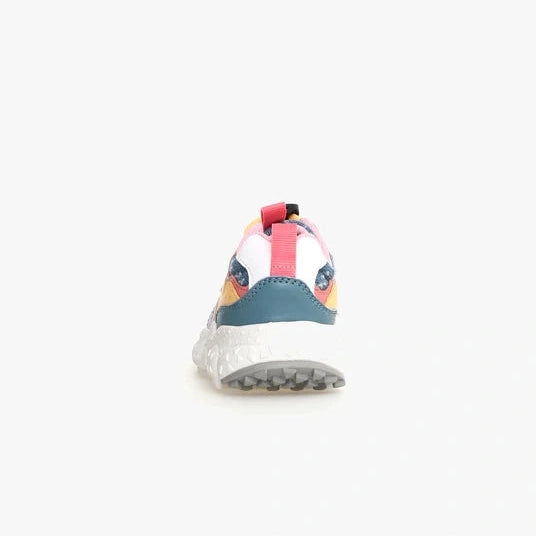 Naturino Yamano 3 Junior Ice-Jeans-Grey toddler sneaker viewed from rear with pink pull tab and teal heel patch.