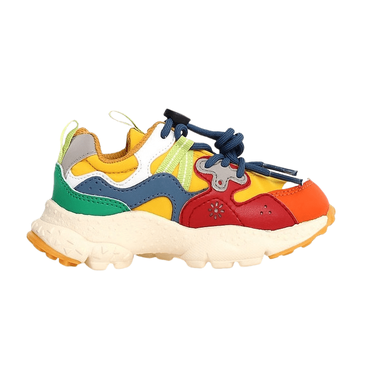 Naturino Yamano 3 Junior orange cuio toddler sneakers with blue, green, yellow panels and tied laces