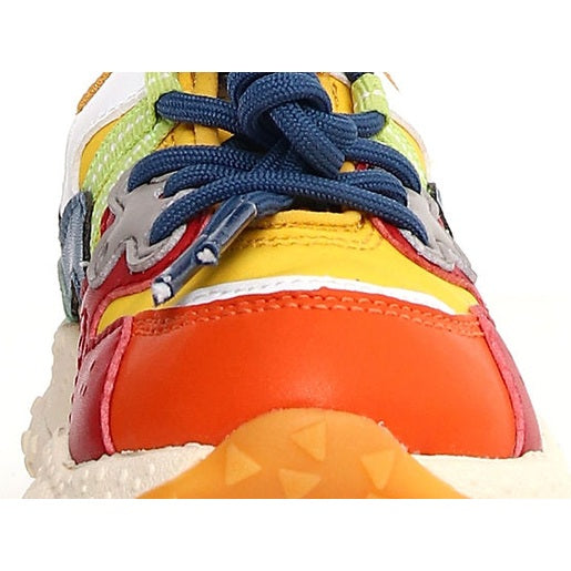 Naturino Yamano 3 Junior Orange Cuioio sneakers for toddlers with blue laces and a colorful upper, laces neatly tied.