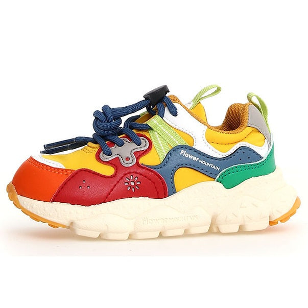 Naturino Yamano 3 Junior Orange Cuio toddler sneakers in orange and cuoio with blue laces, side view.