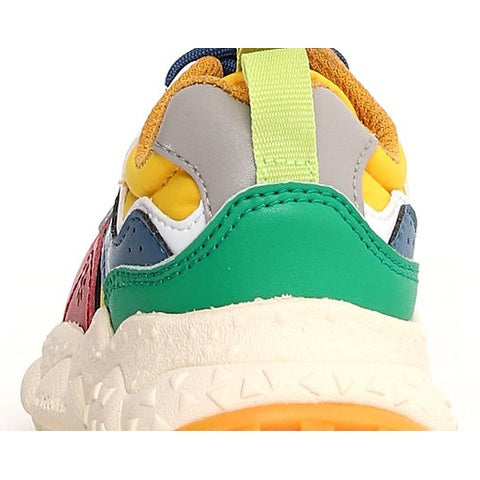 Naturino Yamano 3 Junior Orange Cuio toddler sneaker, rear view shows green heel and yellow lining.