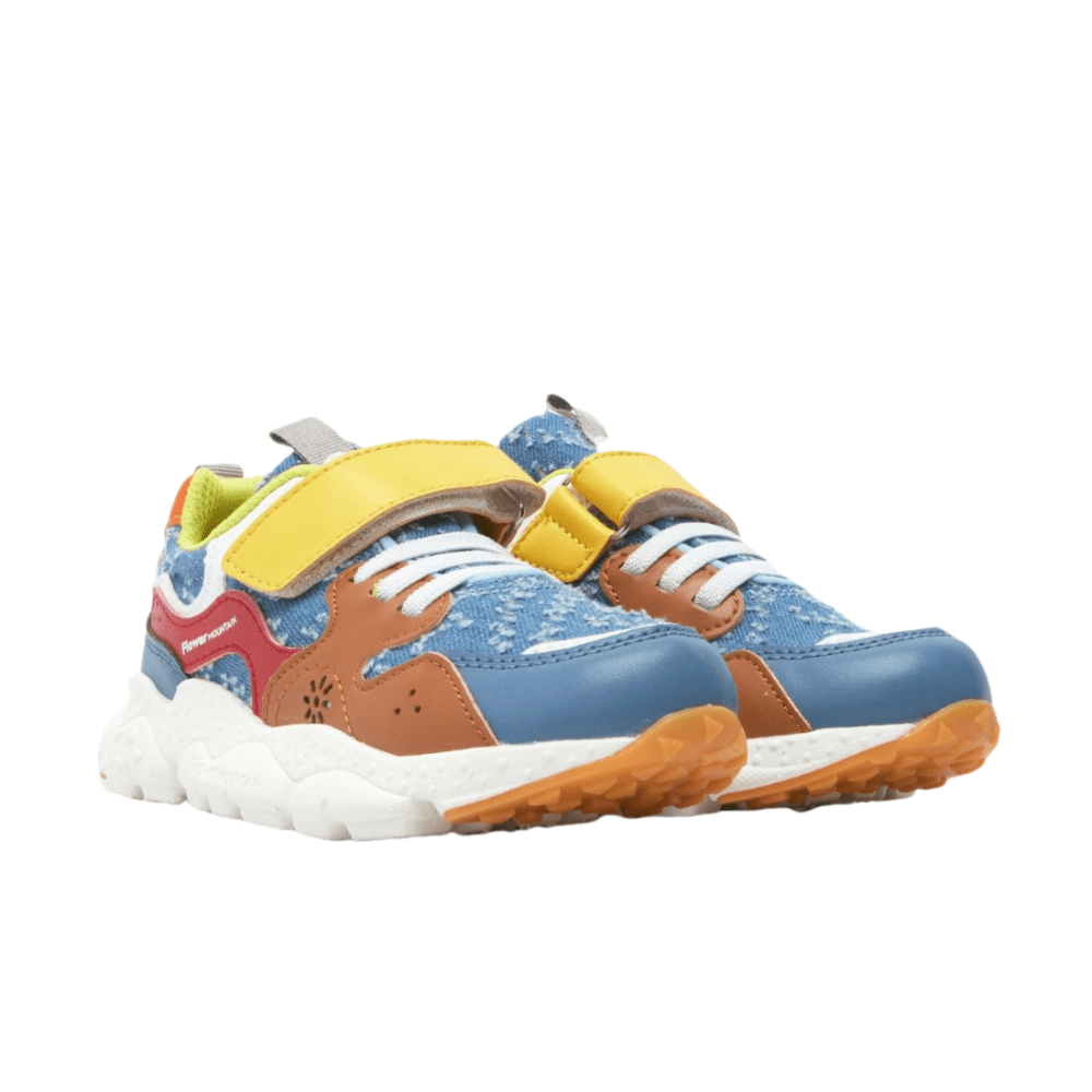 Naturino Yamano 3 Junior Vl Oltremare Jeans Cognac sneakers for toddlers, blue denim with yellow Velcro straps.