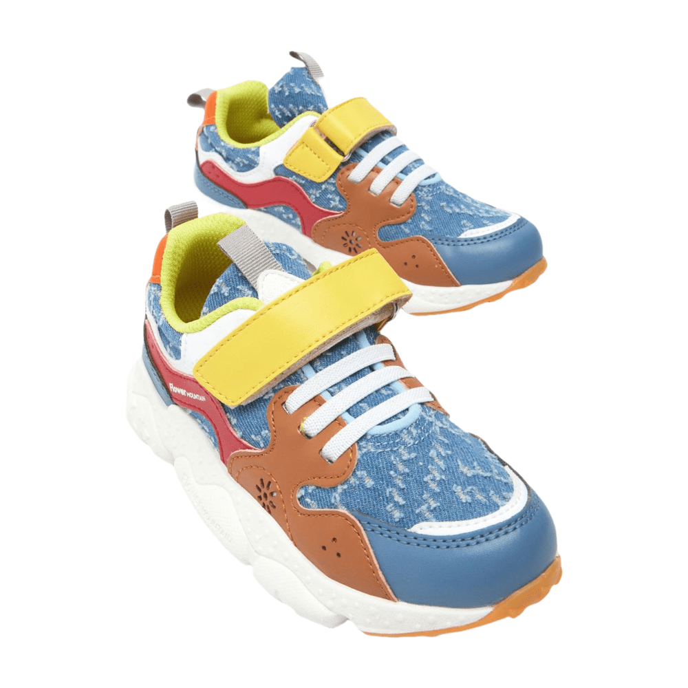 Naturino Yamano 3 Junior Vl Oltremare Jeans Cognac sneakers; blue denim, brown leather overlays, yellow strap, white laces