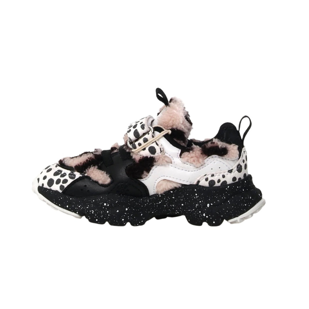 Naturino Yamano 3 Junior sneaker in white and black leopard print with pink faux‑fur lining and speckled sole