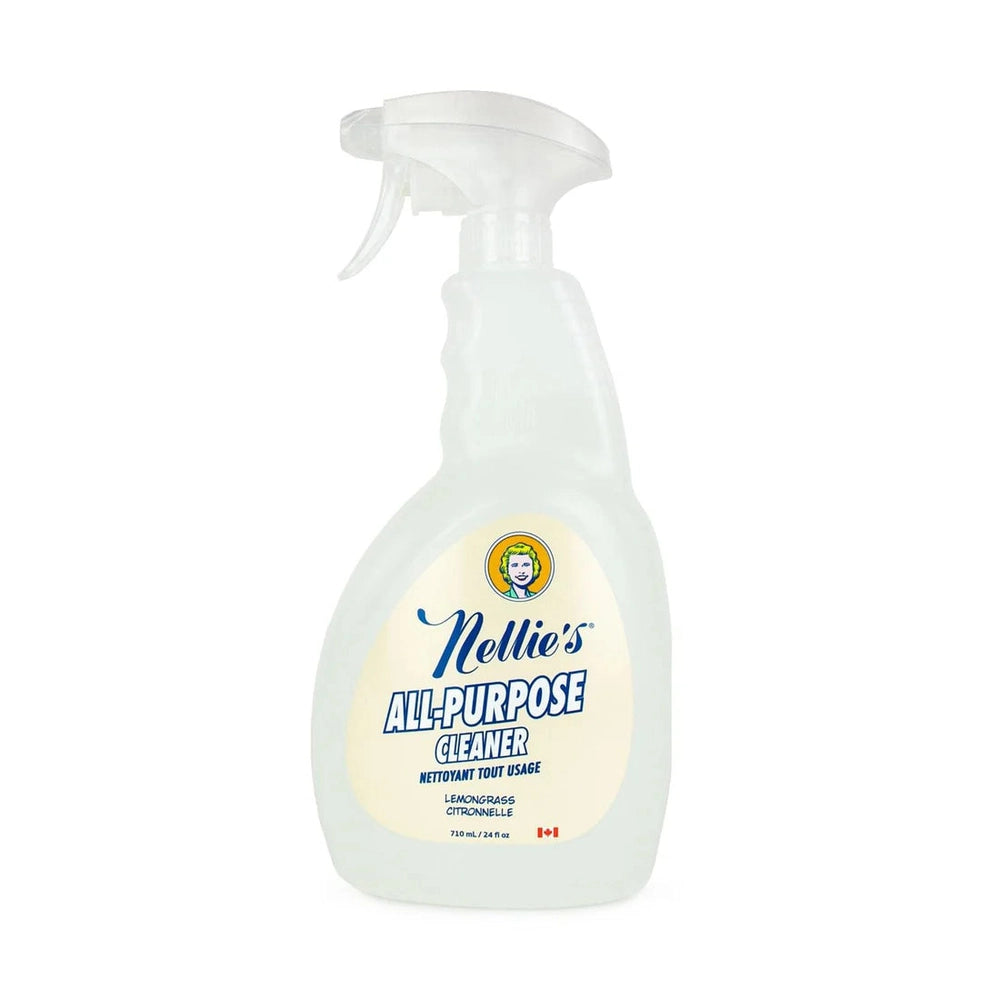 Nellie's All-Purpose Cleaner spray bottle with lemon scent; 710 ml, nozzle ready to spritz.