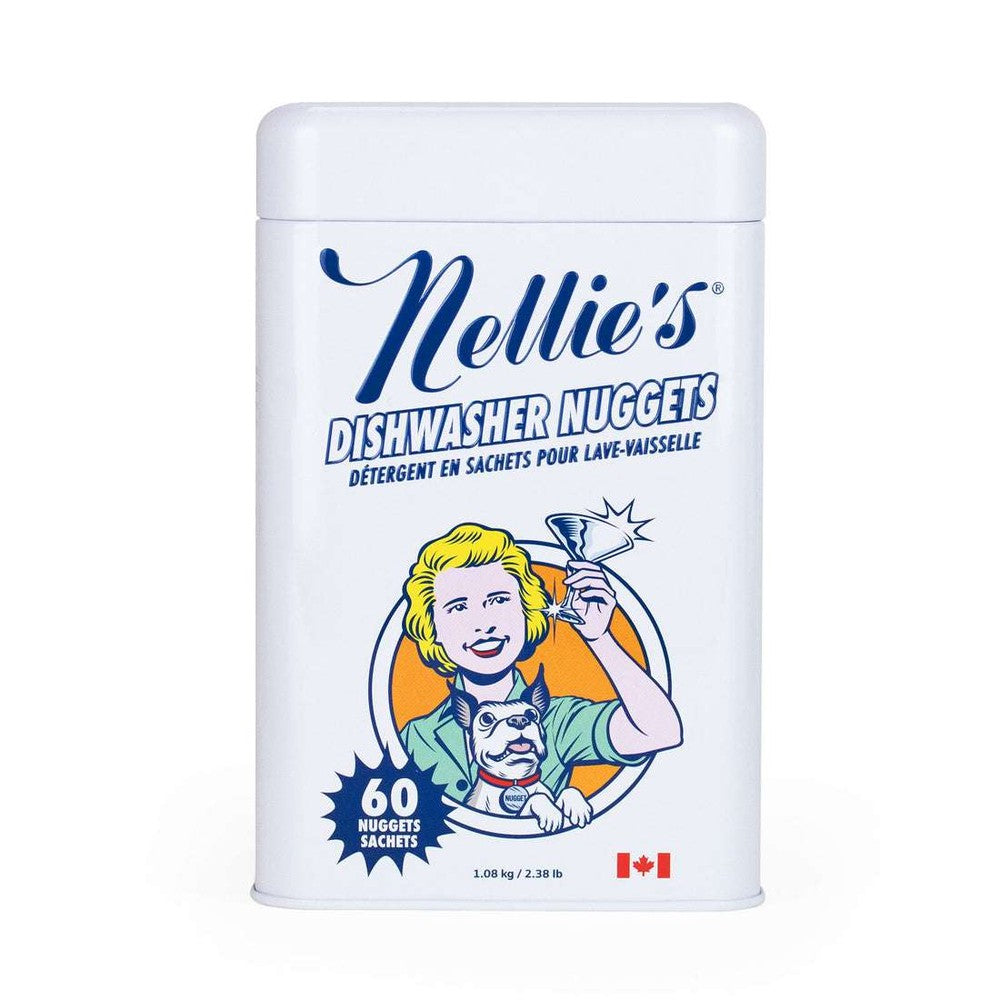 Nellie's Dishwasher Nuggets tin with 60 sachets, blue logo, Canada flag