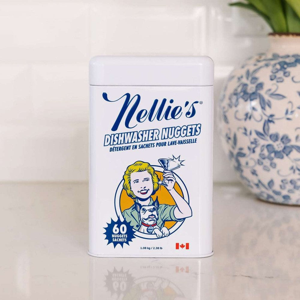 Nellie's Dishwasher Nuggets 60-count canister with blue logo and retro illustration