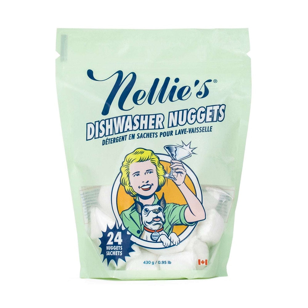 Nellie's Dishwasher Nuggets bag with 24 sachets, mint green packaging from Nellie's brand.