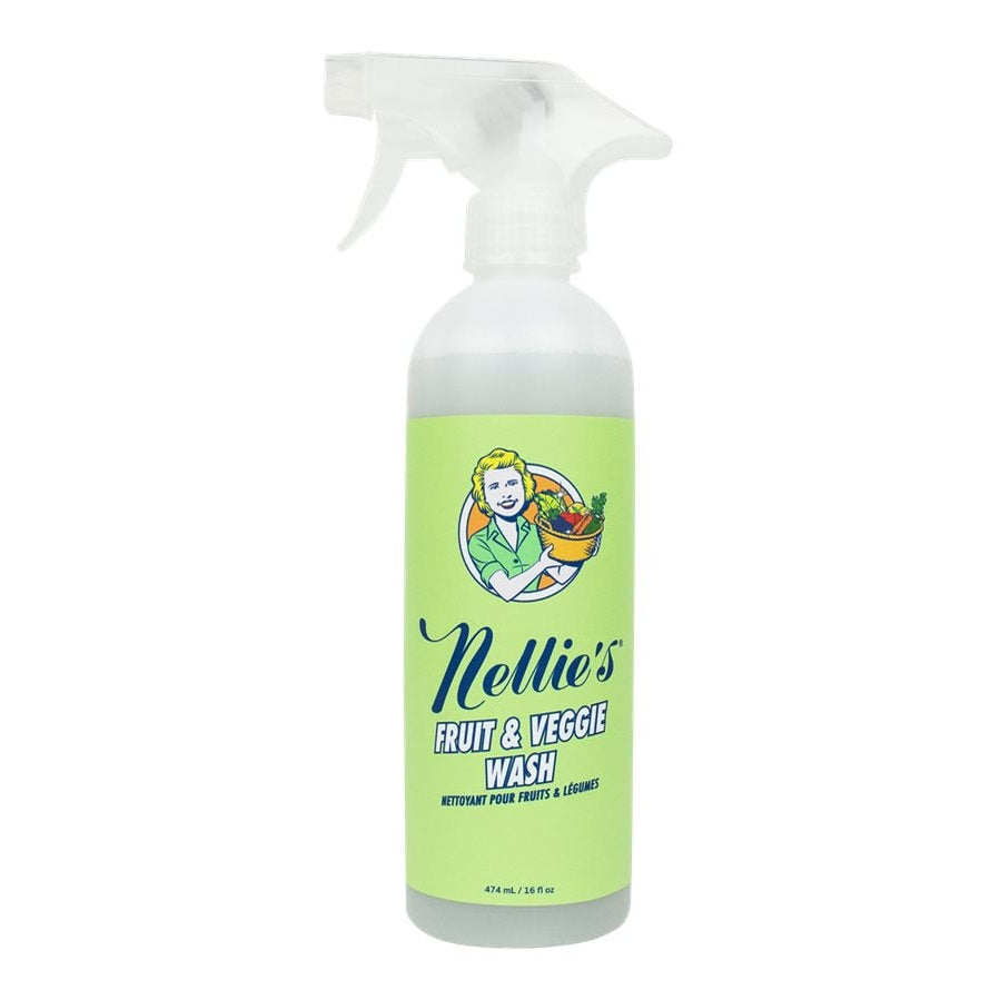 Nellie's Fruit and Veggie Wash spray bottle, 474 ml with lime green label