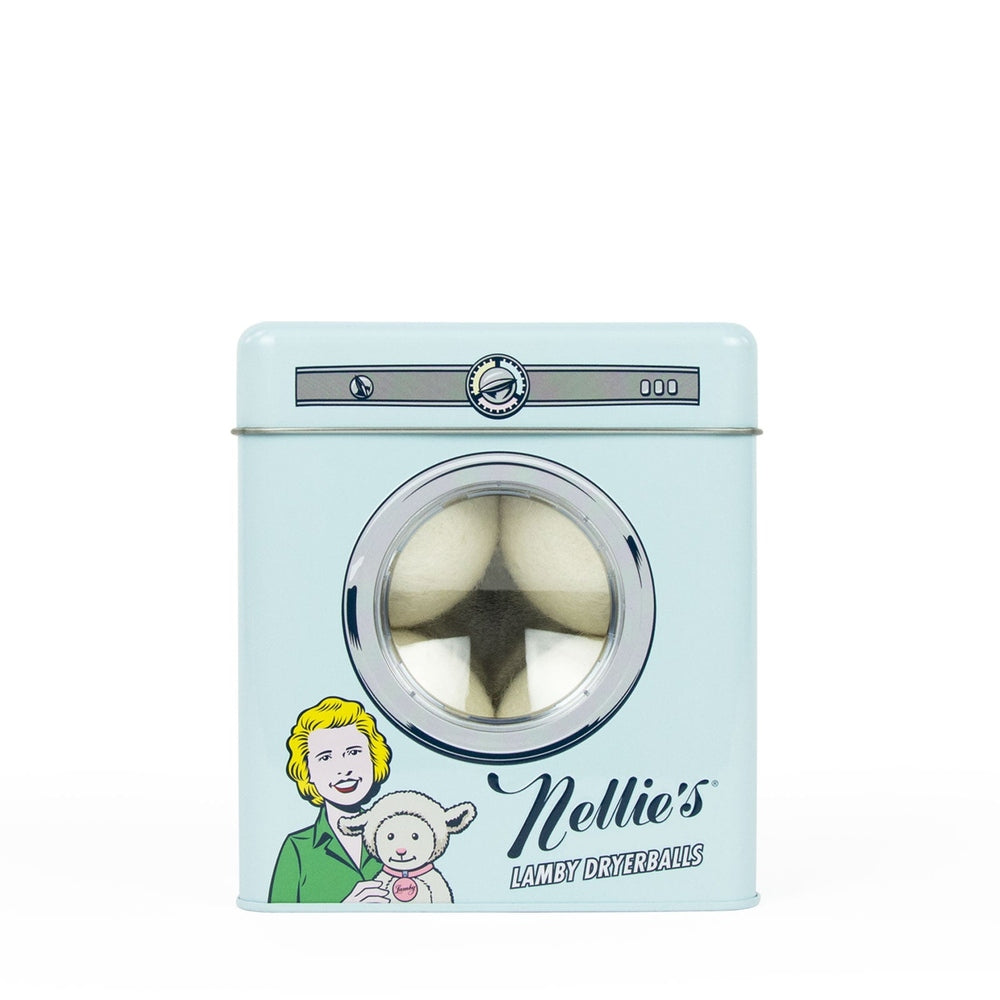 Nellie's Lamby Dryerballs 4pk in a light blue retro tin with washer design