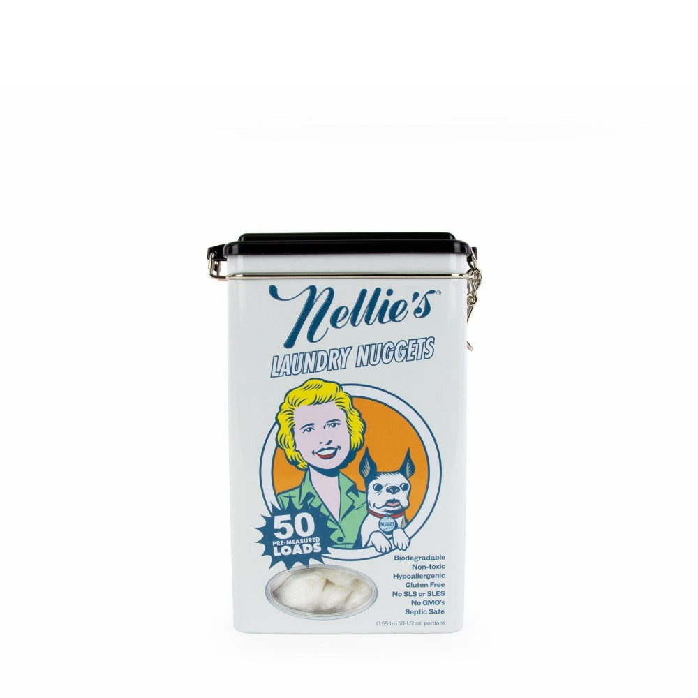 Nellie's Laundry Nuggets tin featuring blue logo and dog illustration, 50 pre-measured loads