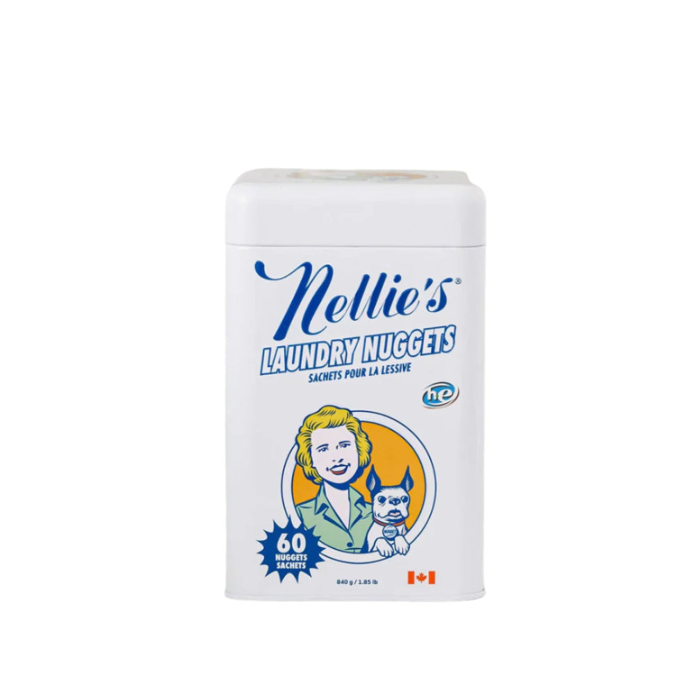 Nellie's Laundry Nuggets detergent sachets canister, 60 count, white container with blue Nellie’s branding
