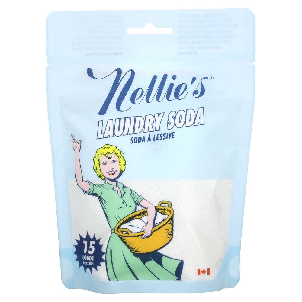 Nellie's Laundry Soda pouch in light blue for 15 loads, with Nellie's logo and a Canadian flag.