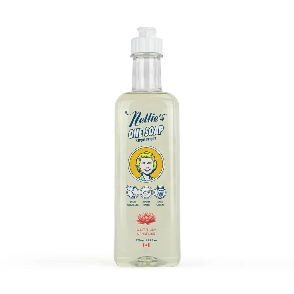 Nellie's One Soap 570 ml all-purpose liquid soap in clear pump bottle, for dishes, hands, and pets.