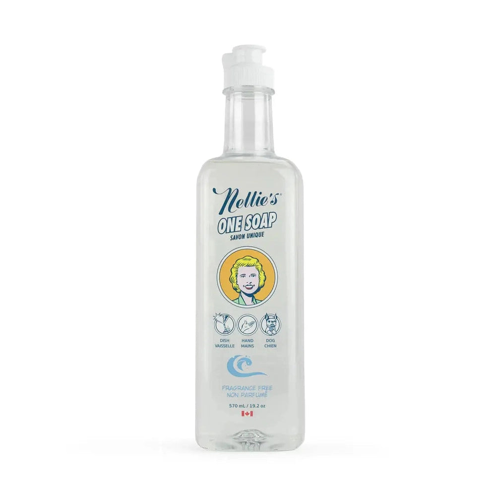 Nellie's One Soap 570 ml pump bottle, fragrance-free multi-use soap for dishes, hands and pets.