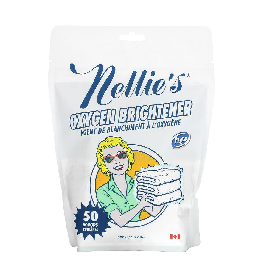 Nellie's Oxygen Brightener pouch, white with blue logo, shows a cartoon woman holding towels; 50 scoops.