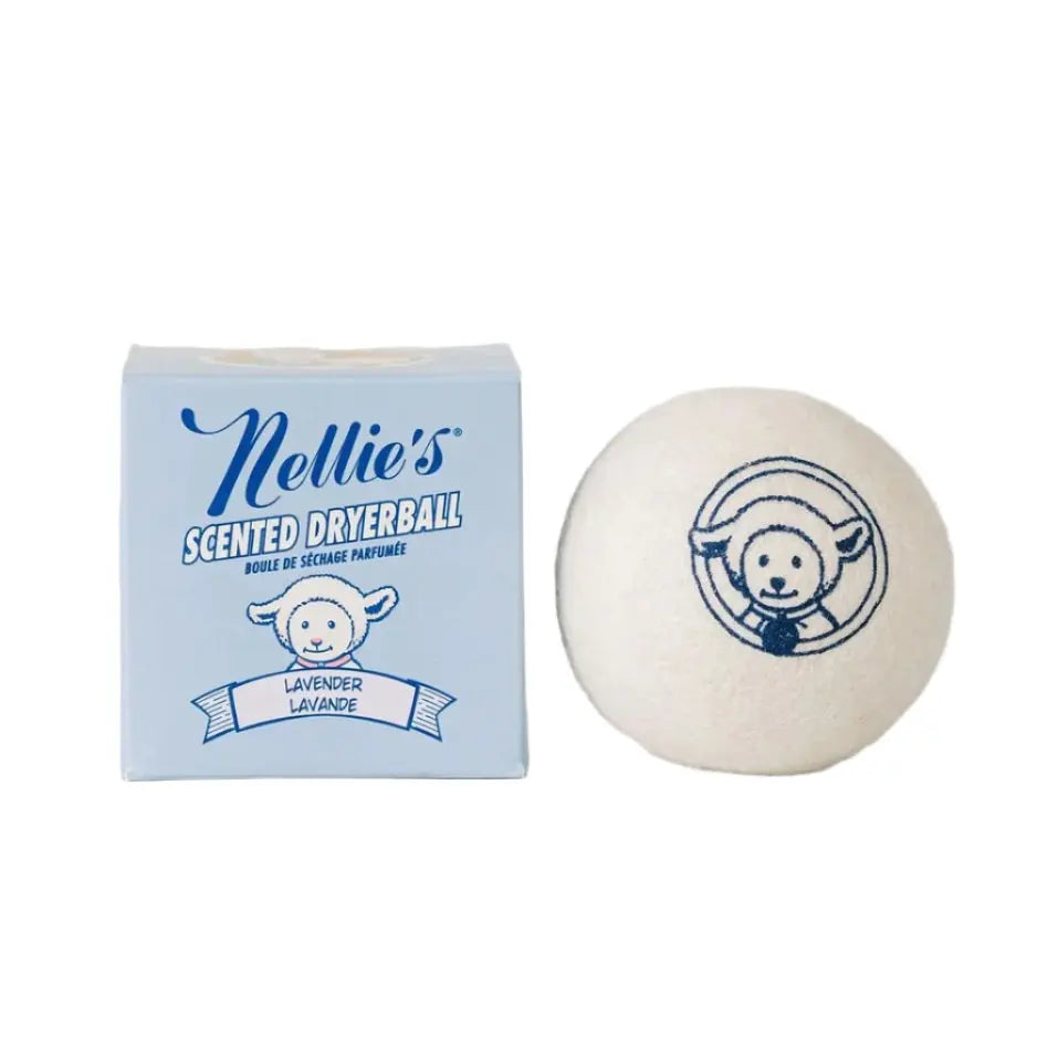 Nellie's Scented Wool Dryerball lavender scent beside blue box, logo visible on ball.
