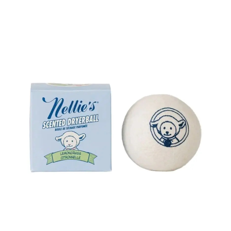 Nellie's Scented Wool Dryerball set with blue box; lemongrass citronella scent, ball shown beside packaging.