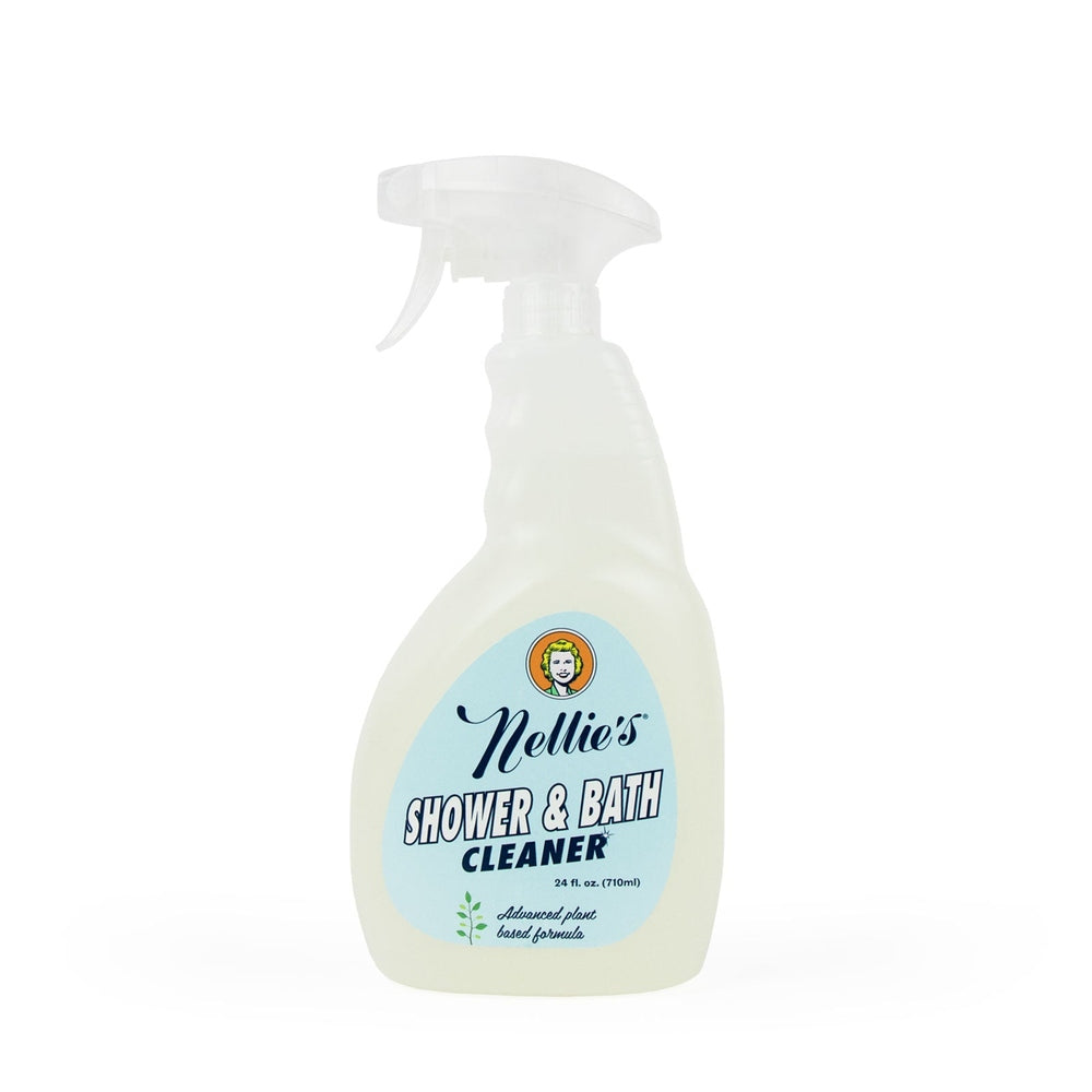 Nellie's Shower & Bath Cleaner 710 ml spray bottle; white liquid, ready-to-spray with the trigger.