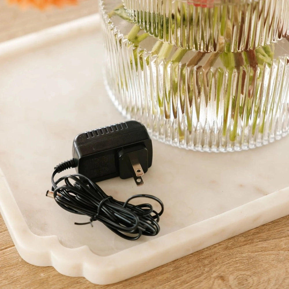Nellie's Wow Mop charger with black AC adapter and cord on marble tray
