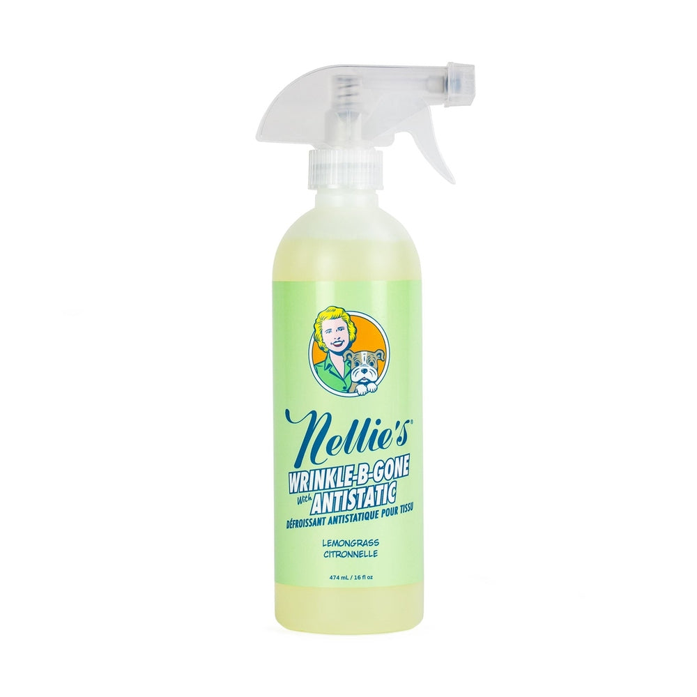 Nellie's Wrinkle-B-Gone spray bottle with lemongrass scent and light green label, brand NELLIE'S