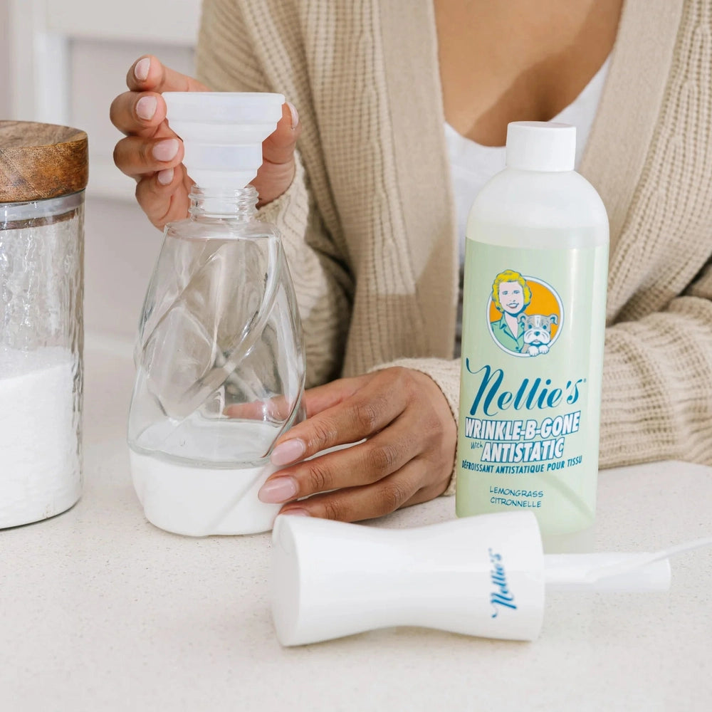 Nellie's Wrinkle B Gone bottle with mint green label and Nellie's logo; lemongrass citronelle scent