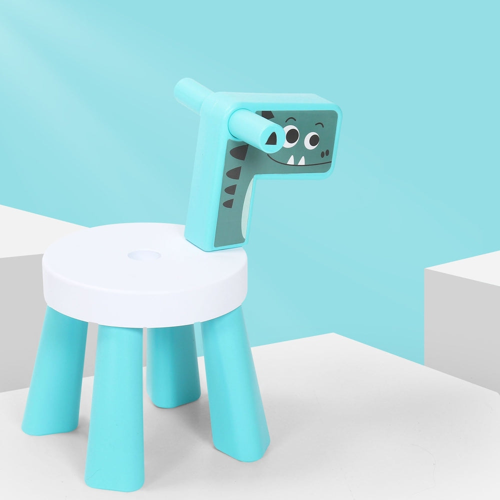 Nemibaby Animal Chair Set: turquoise dinosaur chair on a white round stool, kid-friendly plastic furniture.