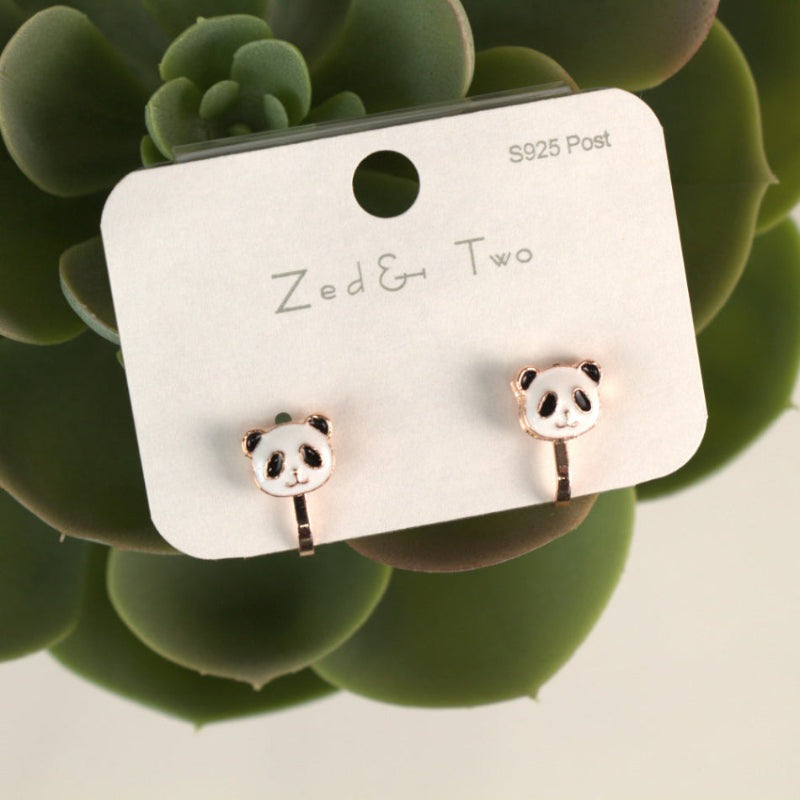 Nemibaby Earrings with rose-gold panda-face posts displayed on a white card.