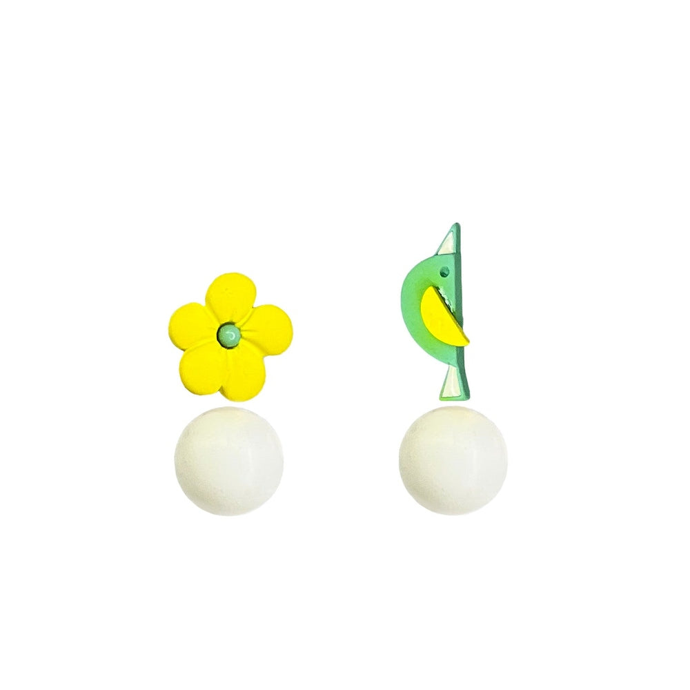 Nemibaby flower stud and bird pin earrings with 925 silver posts; yellow flower and green bird designs