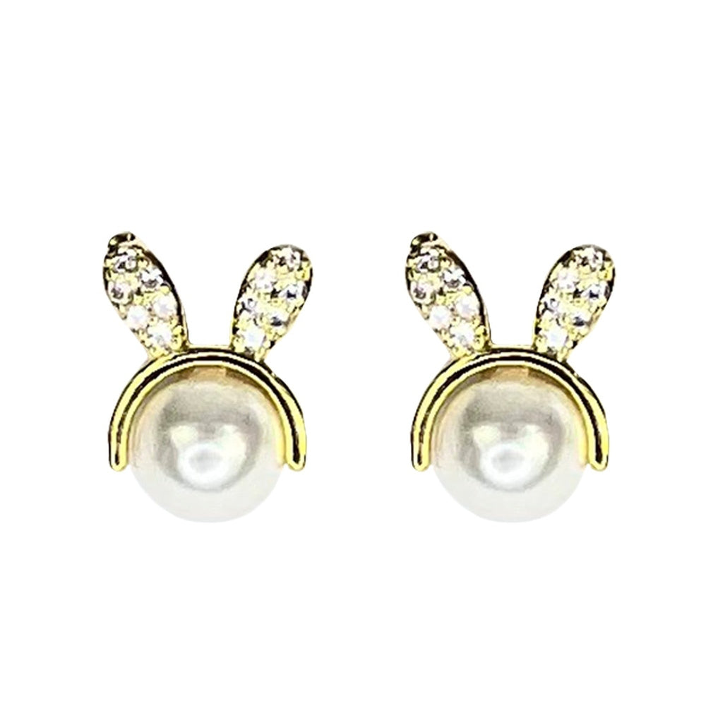 Nemibaby bunny pearl earrings, pair with gold-tone crescent accents and crystal ears, 925 sterling silver pins