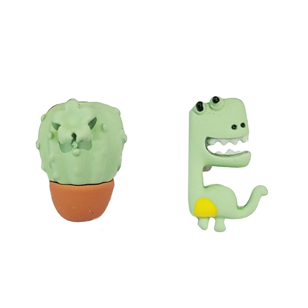 Nemibaby dinosaur and cactus earrings, green dinosaur charm with cactus top, 925 sterling silver pins (set of 2)