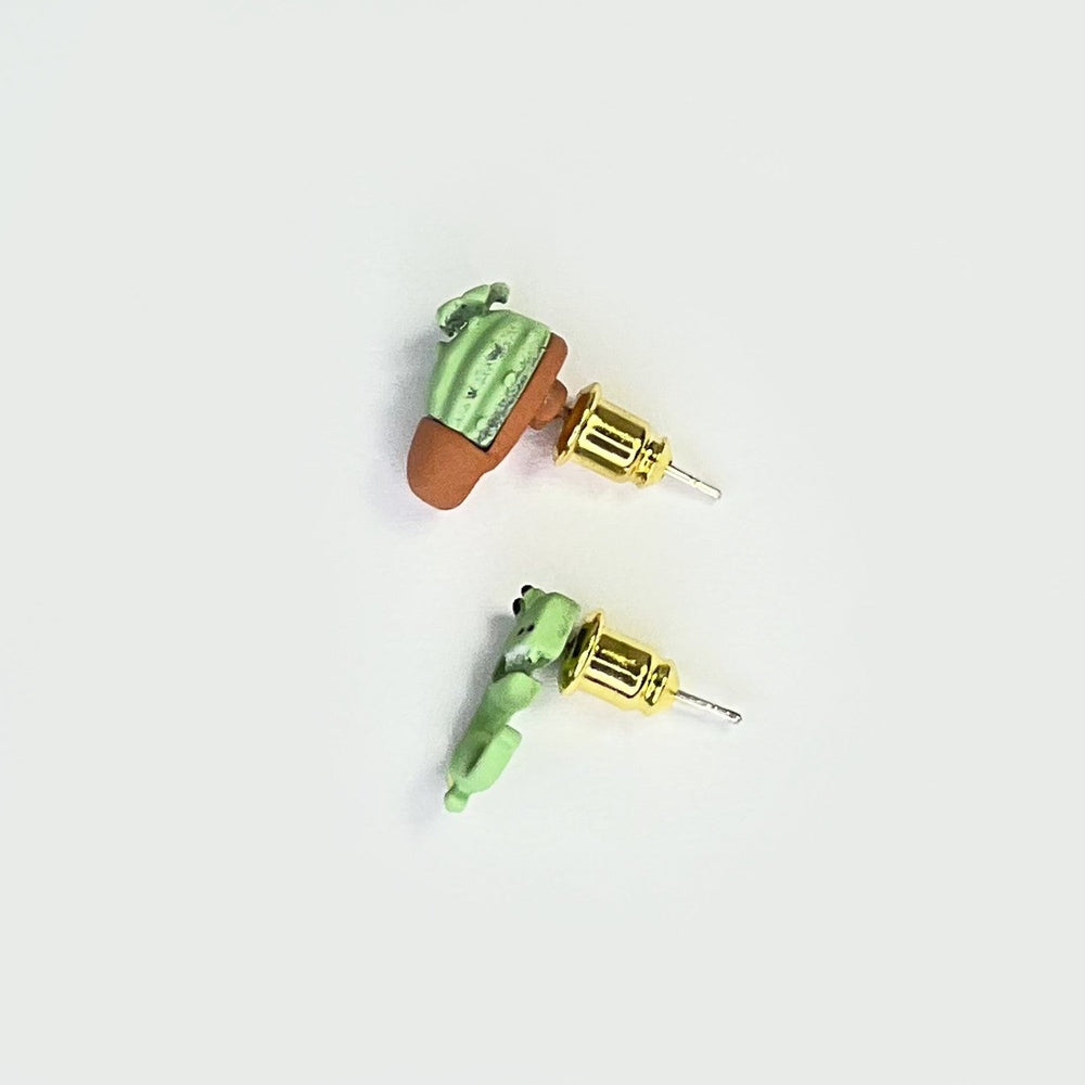 Nemibaby Dino & Cactus earrings on 925 sterling silver pins with gold-tone backs, pair