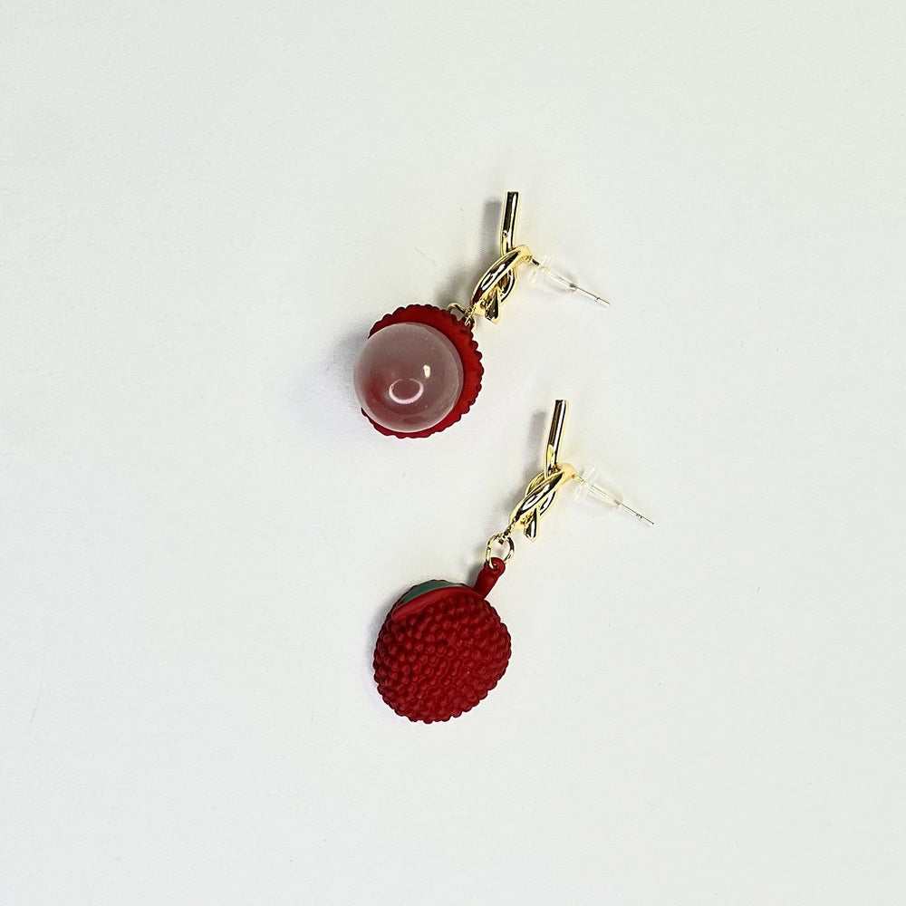 Nemibaby lychee earrings; red textured fruit charms on 925 sterling silver pins, pair