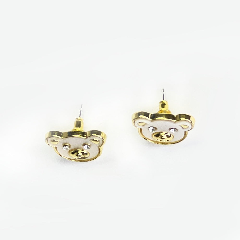 Nemibaby teddy bear earrings, gold-plated 925 sterling silver pins, white enamel faces with crystal eyes, pair.