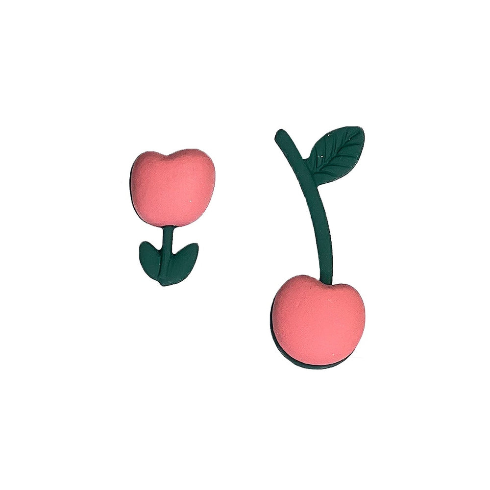 Nemibaby earrings Tulip & Cherry pink blossoms on green stems, 925 sterling silver pins, 2-piece set