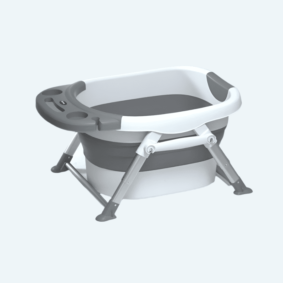 Nemibaby foldable baby bath tub, grey with white rim and fold-out support legs