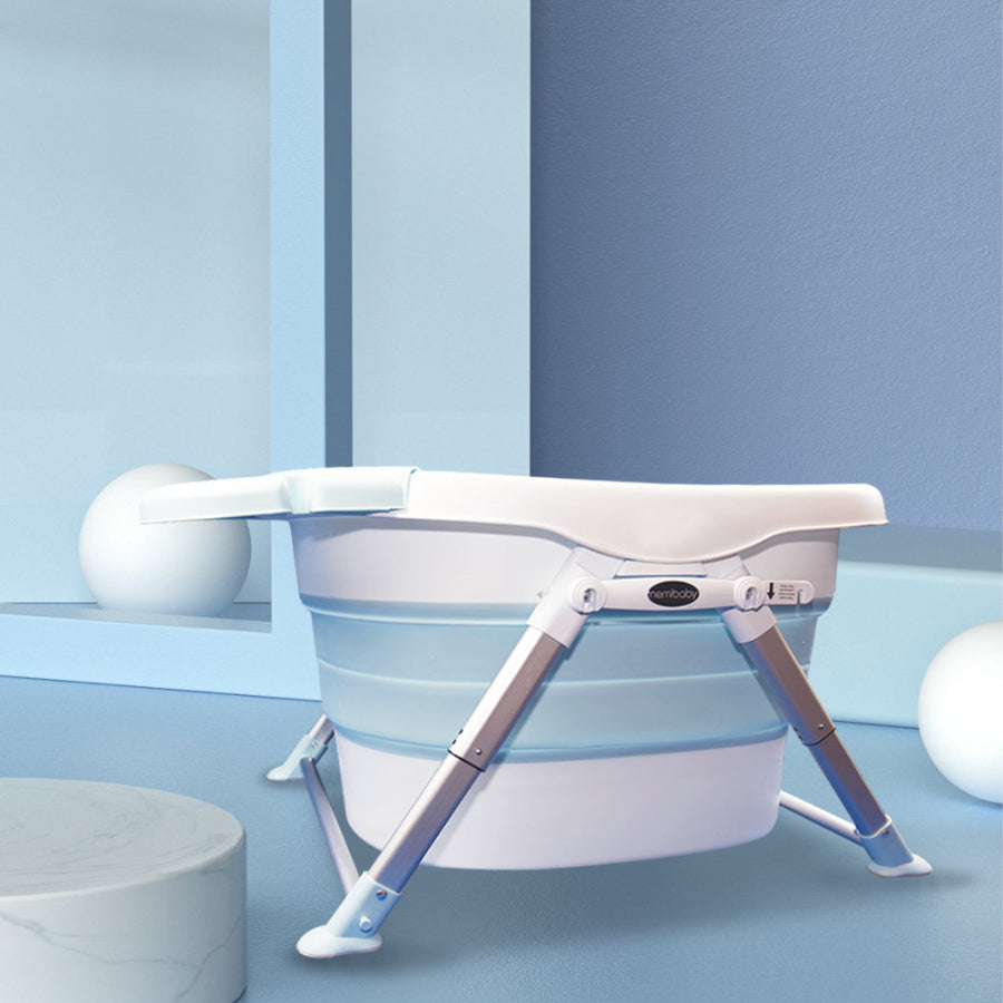 Nemibaby foldable baby bathtub with metal frame stand in blue for toddlers