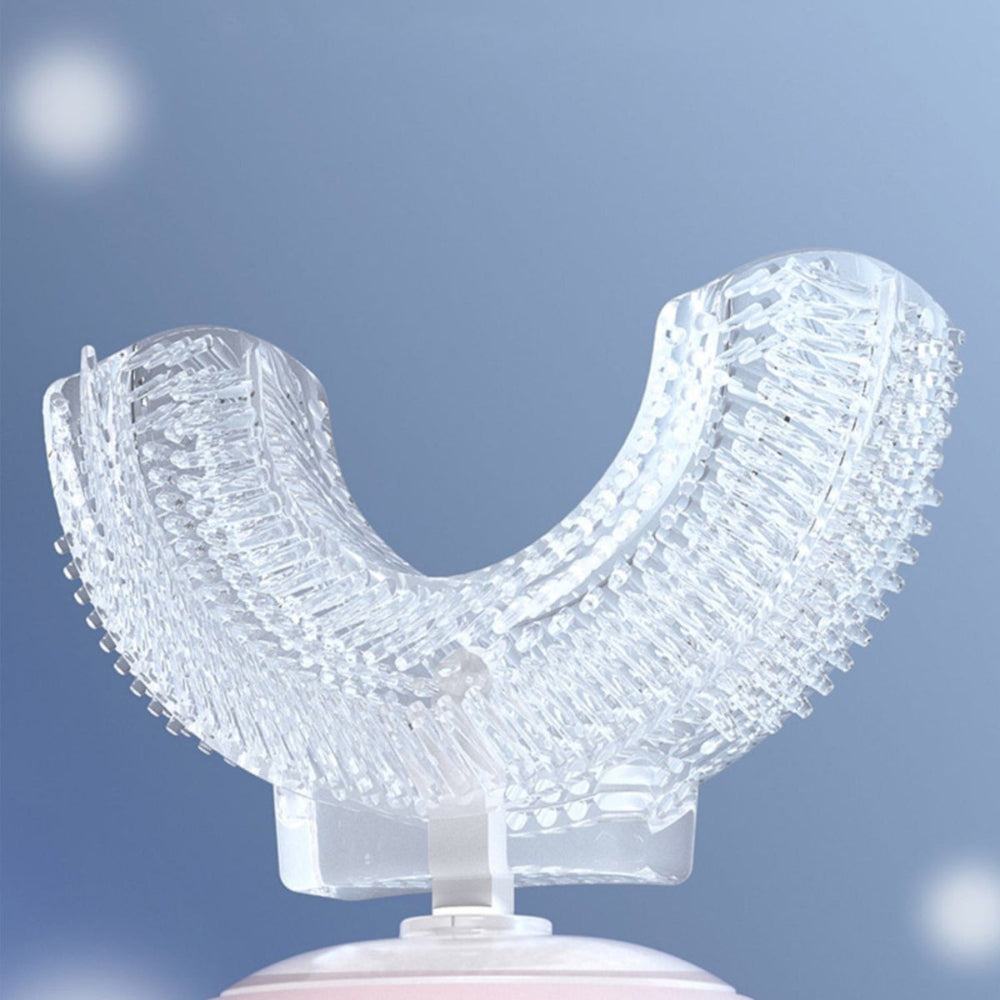 Nemibaby U-Shape Kids Toothbrush, clear bristle head on a stand