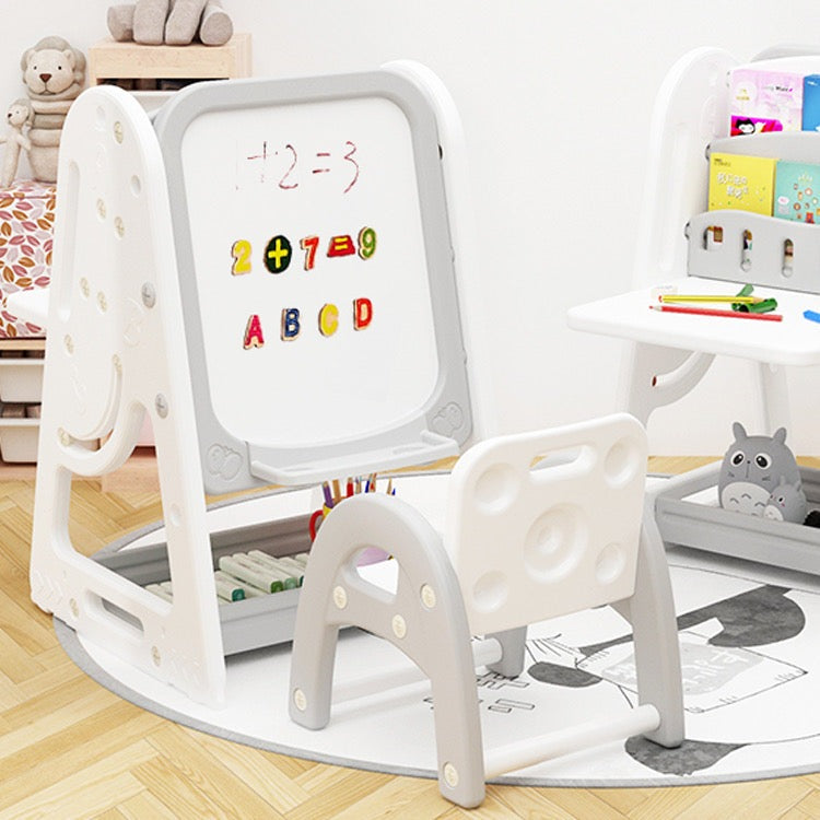 Nemibaby multi-function easel and bookshelf in grey/white with storage tray and whiteboard