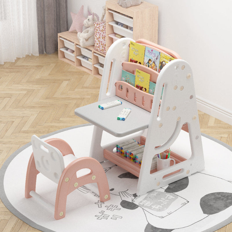 Nemibaby pink kid easel and bookshelf with storage tray and books