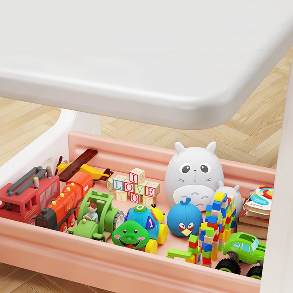 Nemibaby pink multi-function easel and bookshelf with toy train, colorful blocks and plush Totoro