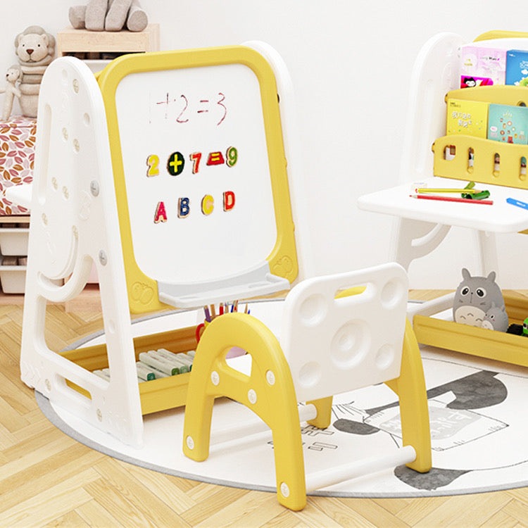 Nemibaby multi-function easel and bookshelf toy, yellow and white with whiteboard and storage