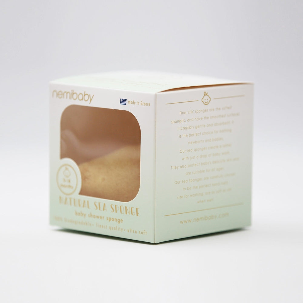 Nemibaby Premium Natural Sea Sponge for babies, beige sponge visible in box by Kereso