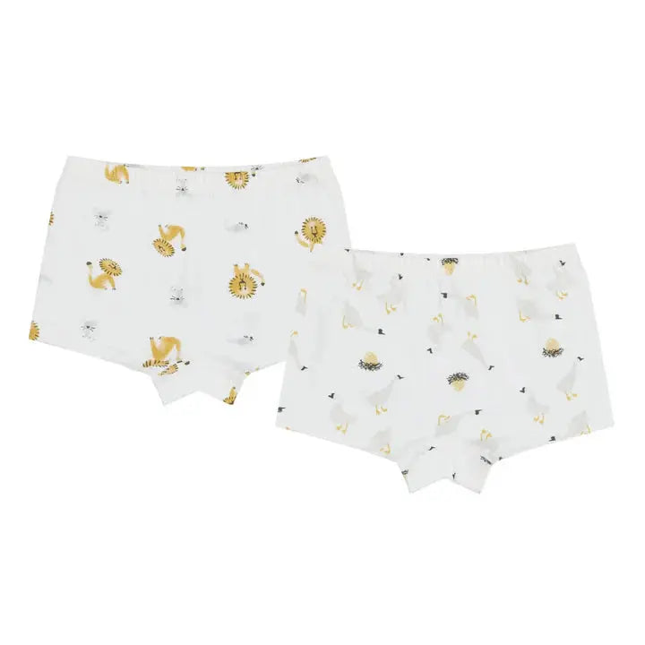 Nest Designs Bamboo Boys Boxer Briefs Underwear (2 Pack): two white boxer briefs laid flat with lion and goose prints.