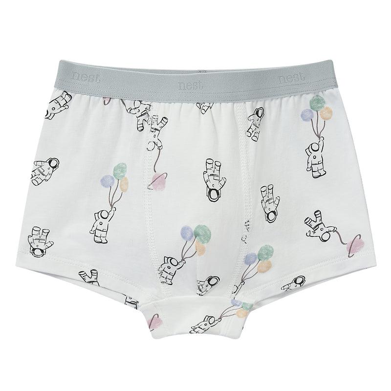 Nest Design Bamboo Boys Boxer Briefs Underwear To Infinity, 2-pack, white with astronauts and pastel balloons, gray waistband, laid flat.