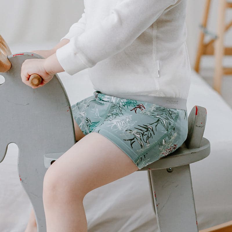Nest Designs Bamboo Boys Boxer Briefs 2-pack Forest Fun; a boy sits on a wooden rocking horse wearing teal forest-print briefs.