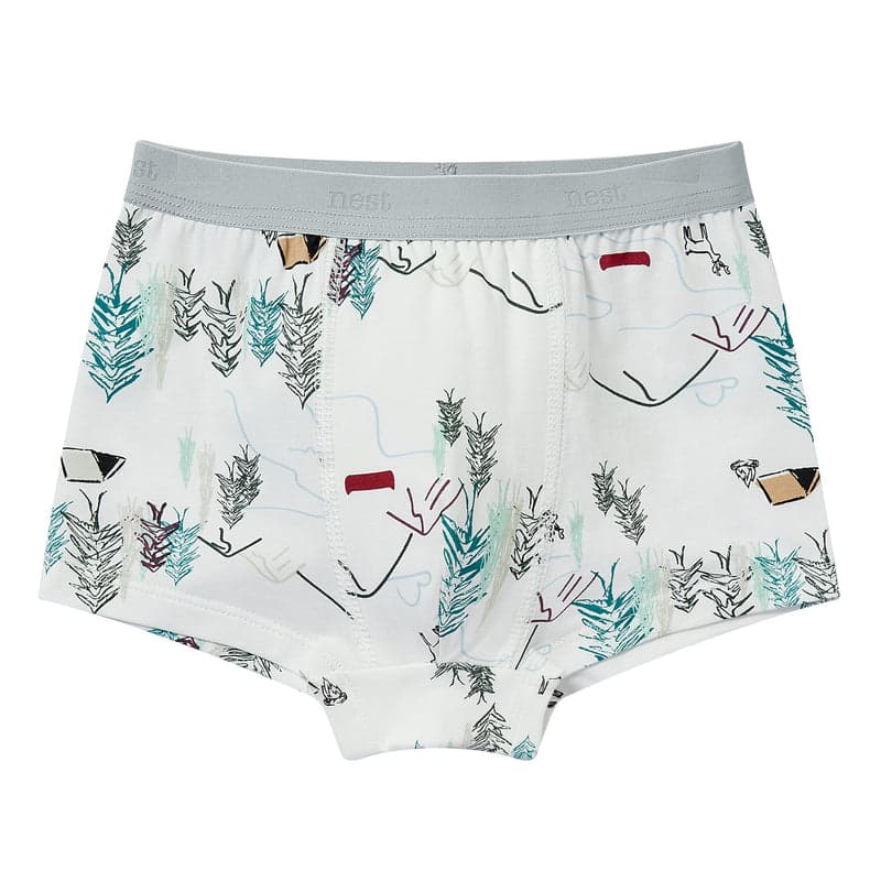 Nest Designs Bamboo Boys Boxer Briefs Underwear 2-pack, forest print on white fabric with teal trees and gray elastic waistband
