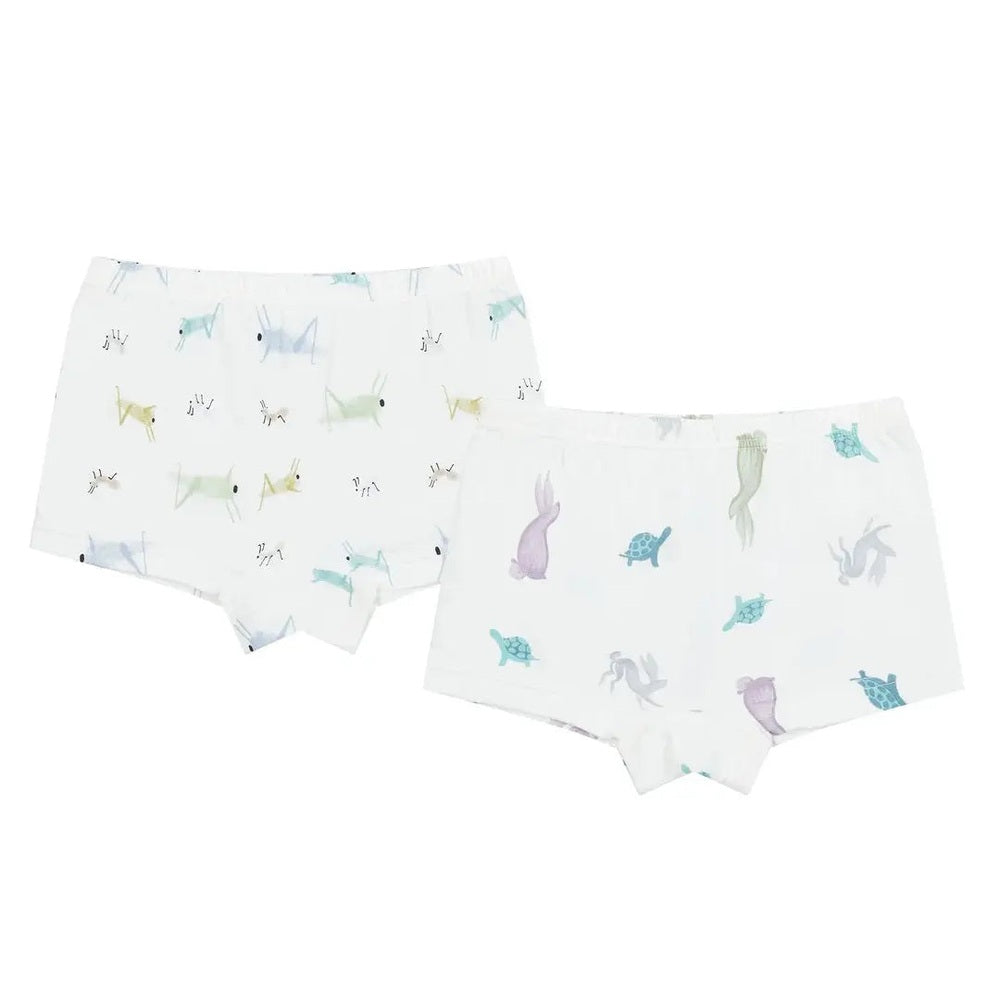 Nest Designs Bamboo Girls' Boy Short Underwear (2 Pack) laid flat with pastel sea creatures, showing soft bamboo fabric.