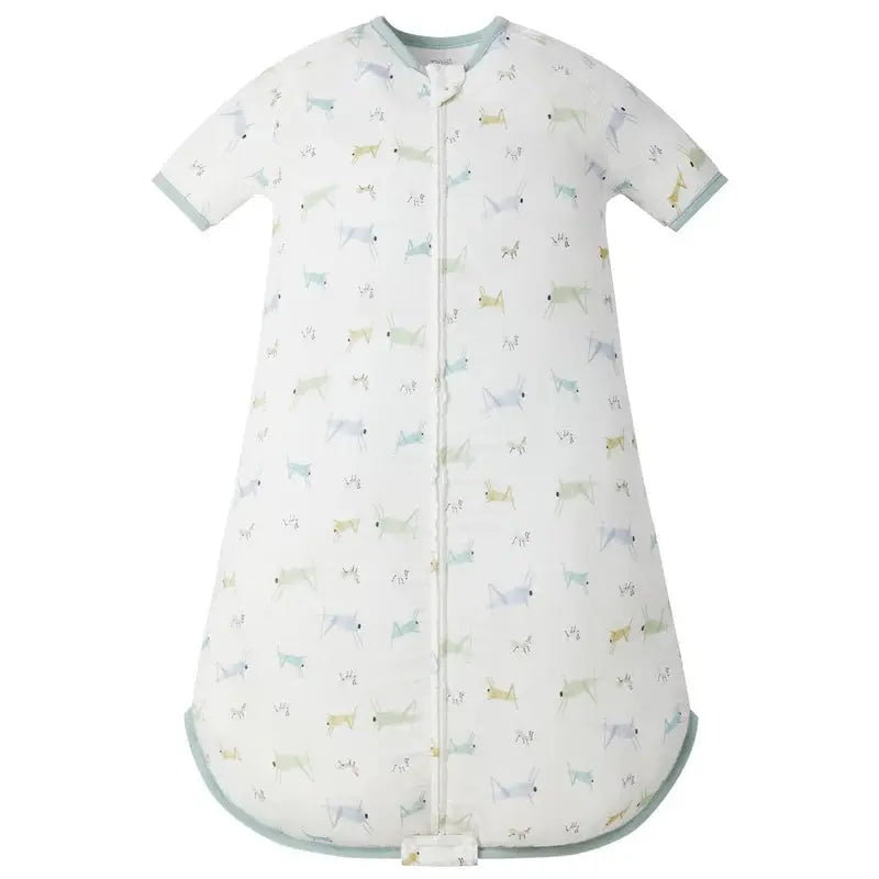 Nest Designs 0.23 Tog Bamboo Silk Short Sleeve Sleep Bag The Ant & The Grasshopper in white with pastel prints, front zipper.